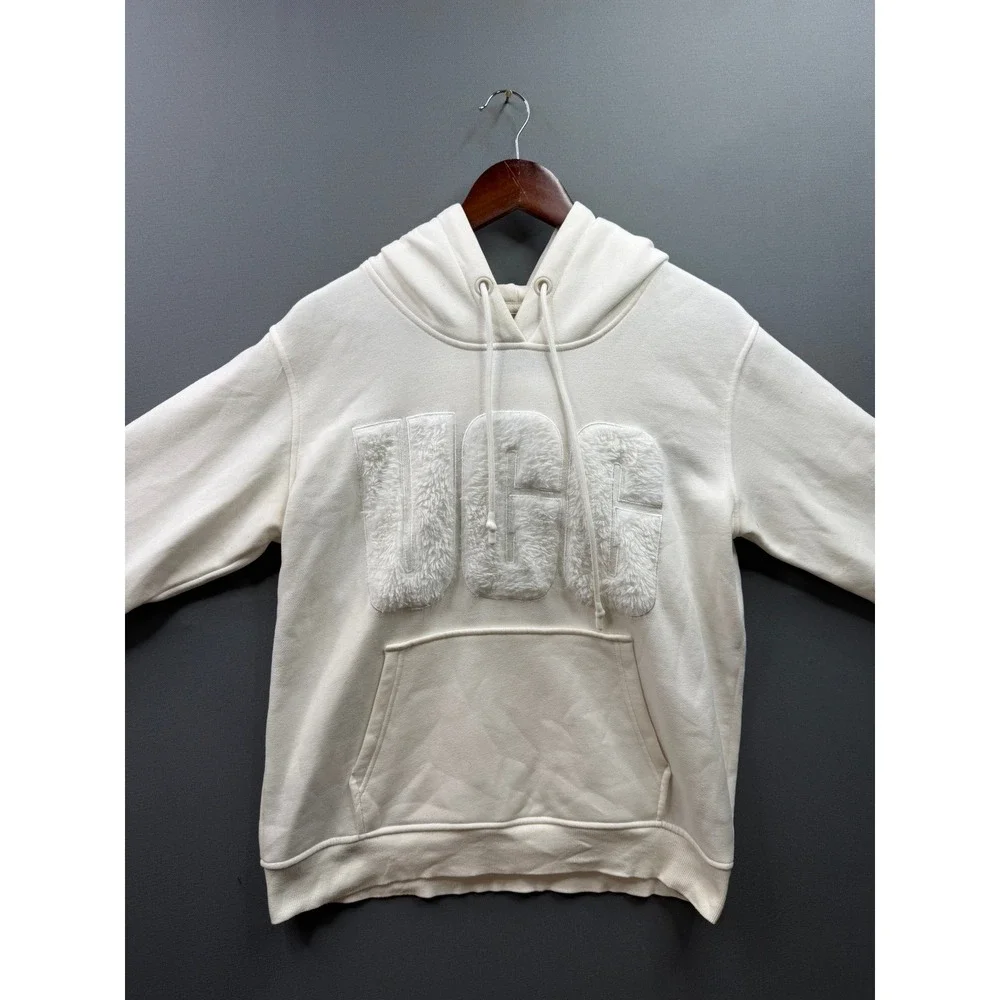 UGG Hoodie Women White Sherpa Logo Pullover Fleece Sweatshirt Medium - Picture 2 of 8